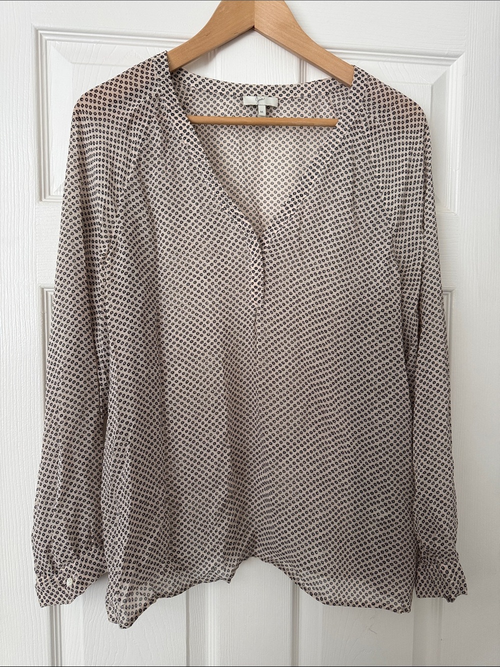Joie Cream Blouse with Black Geometric Print. 100% silk.